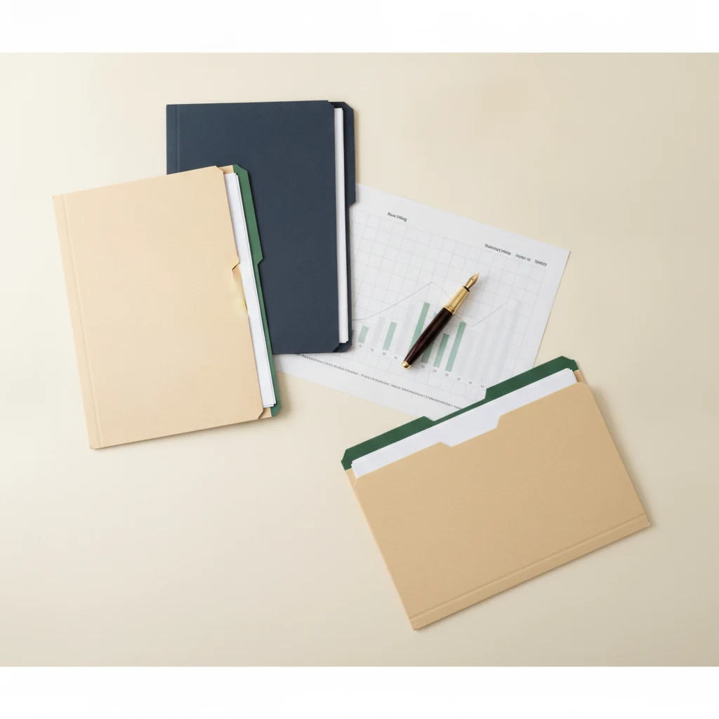 Editorial still-life of three long-term care policy folders on a desk, two grouped together and a third separated, beside a fountain pen on a rate-filing chart