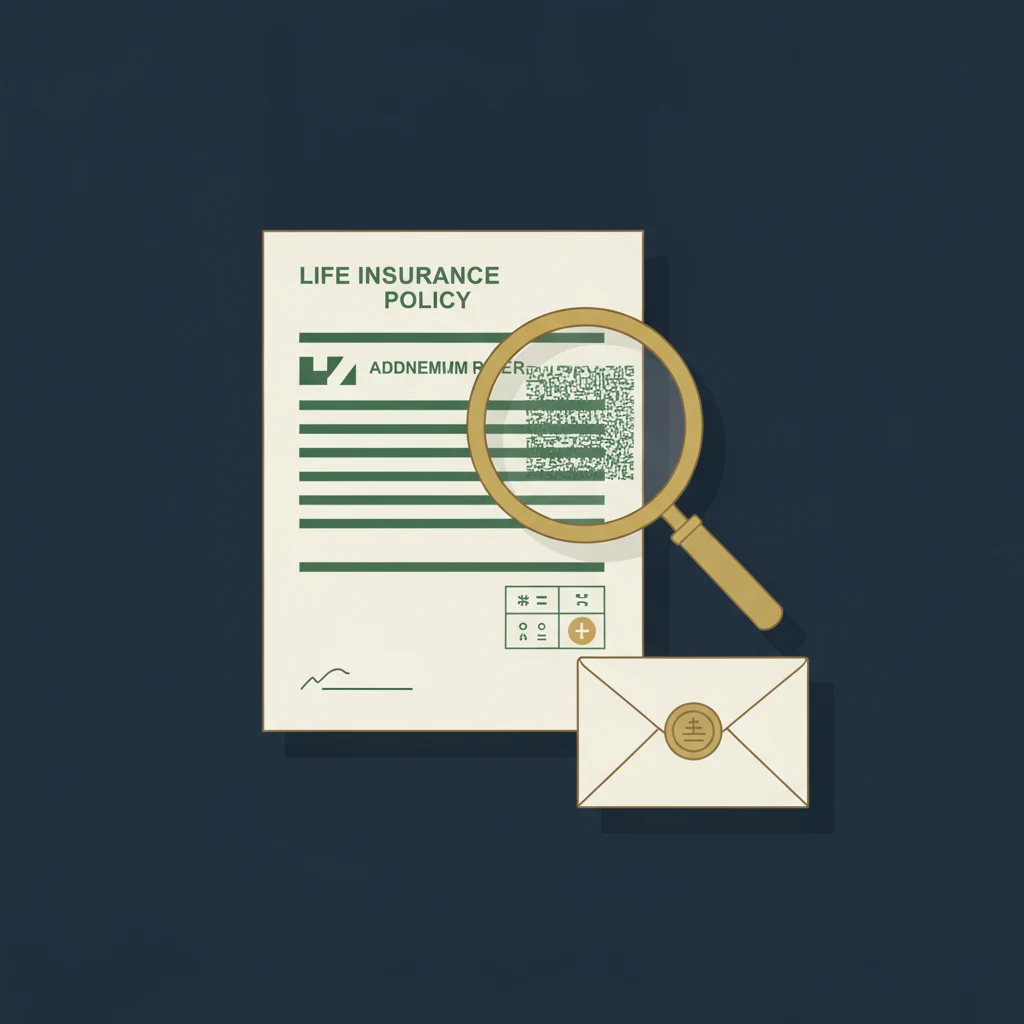 Insurance policy rider document with magnifying glass revealing actuarial discount calculation — editorial illustration