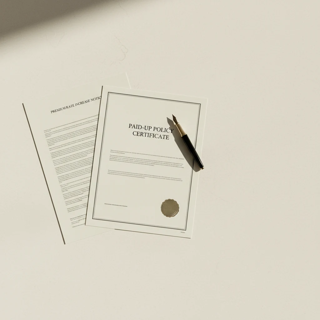 Editorial still-life of a premium rate increase notice partially overlapped by a paid-up policy certificate with a muted gold seal