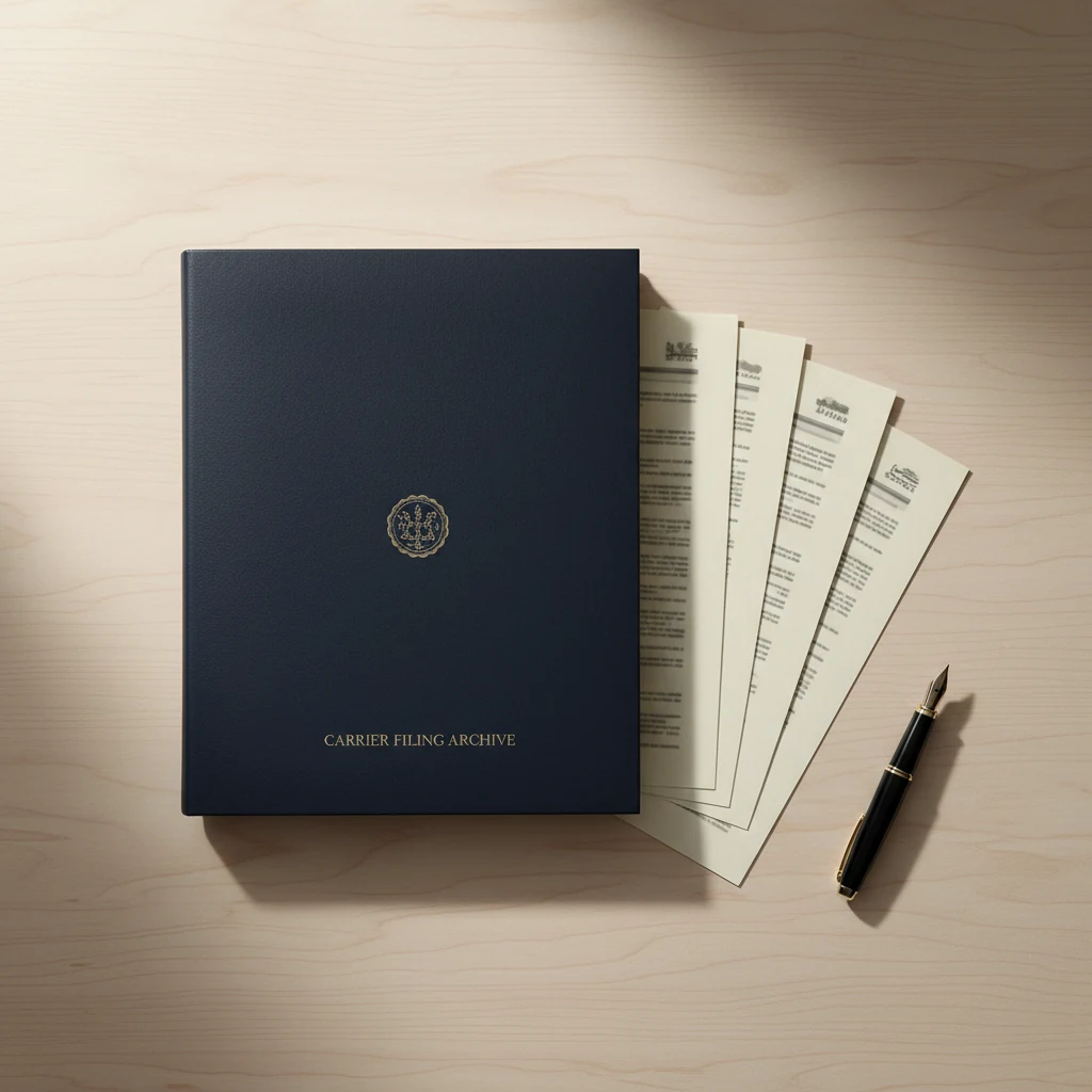 Editorial still-life of a thick navy Carrier Filing Archive portfolio with multiple regulatory documents fanned out from beneath it, suggesting a multistate filing portfolio