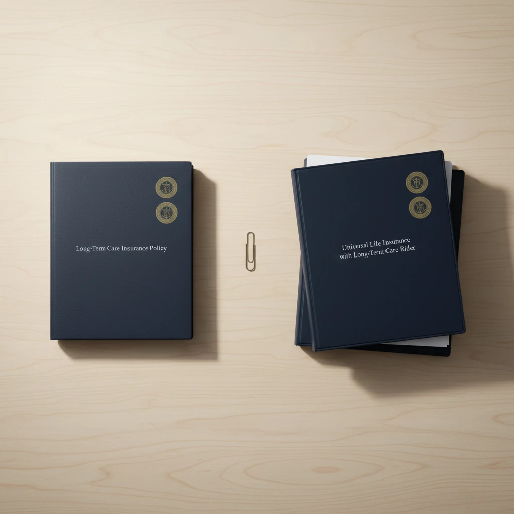 Editorial still-life of two policy folders side-by-side: a thinner Long-Term Care Insurance Policy on the left and a thicker Universal Life Insurance with Long-Term Care Rider on the right