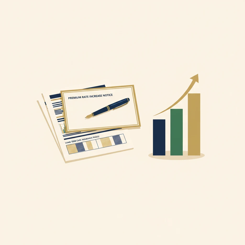 Editorial still-life of a long-term care insurance policy beside a premium rate-increase notice, with an ascending bar chart signaling years of compounding increases