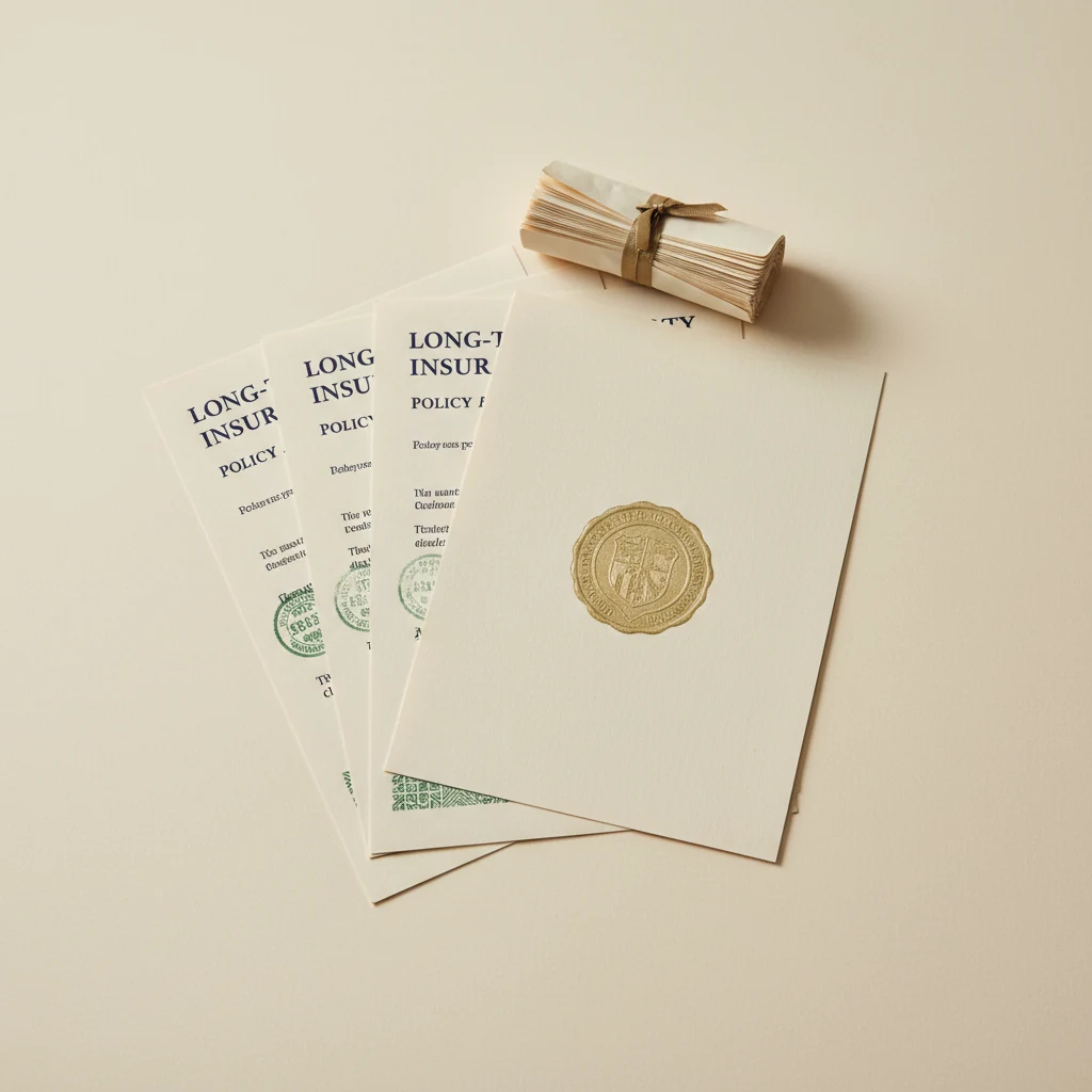 Editorial still-life of layered long-term care insurance policy documents with an embossed gold state-guaranty-association seal — symbolizing the transfer of an in-force book of policies between insurance entities.