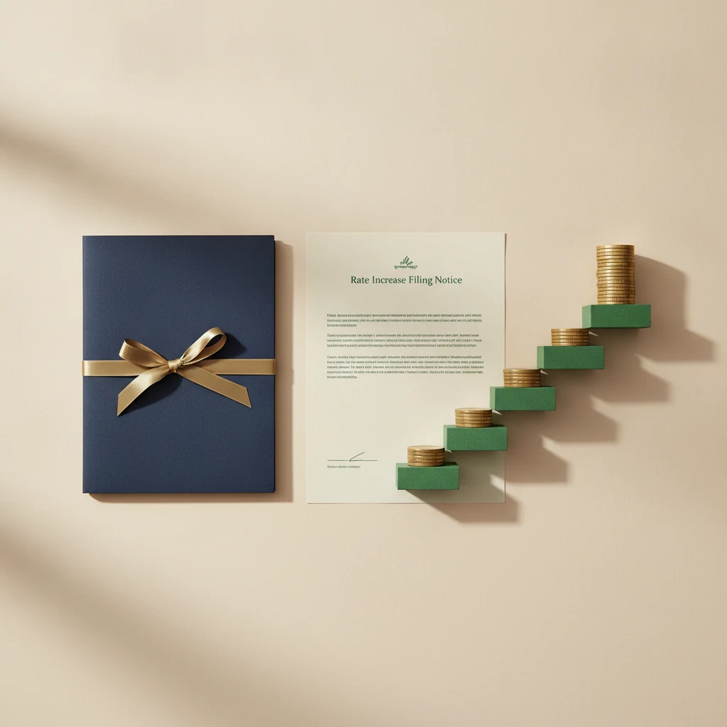 Editorial still-life of a ribbon-tied long-term care policy folder, a rate-increase filing notice, and a four-step ascending staircase of coins signaling four consecutive years of premium increases