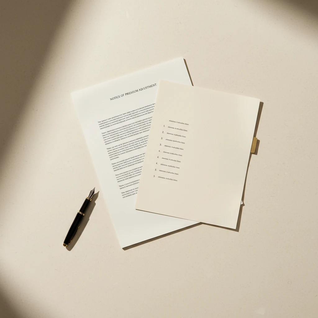 Editorial still-life of a Notice of Premium Adjustment letter on a desk with a fanned secondary page showing a numbered alternatives schedule