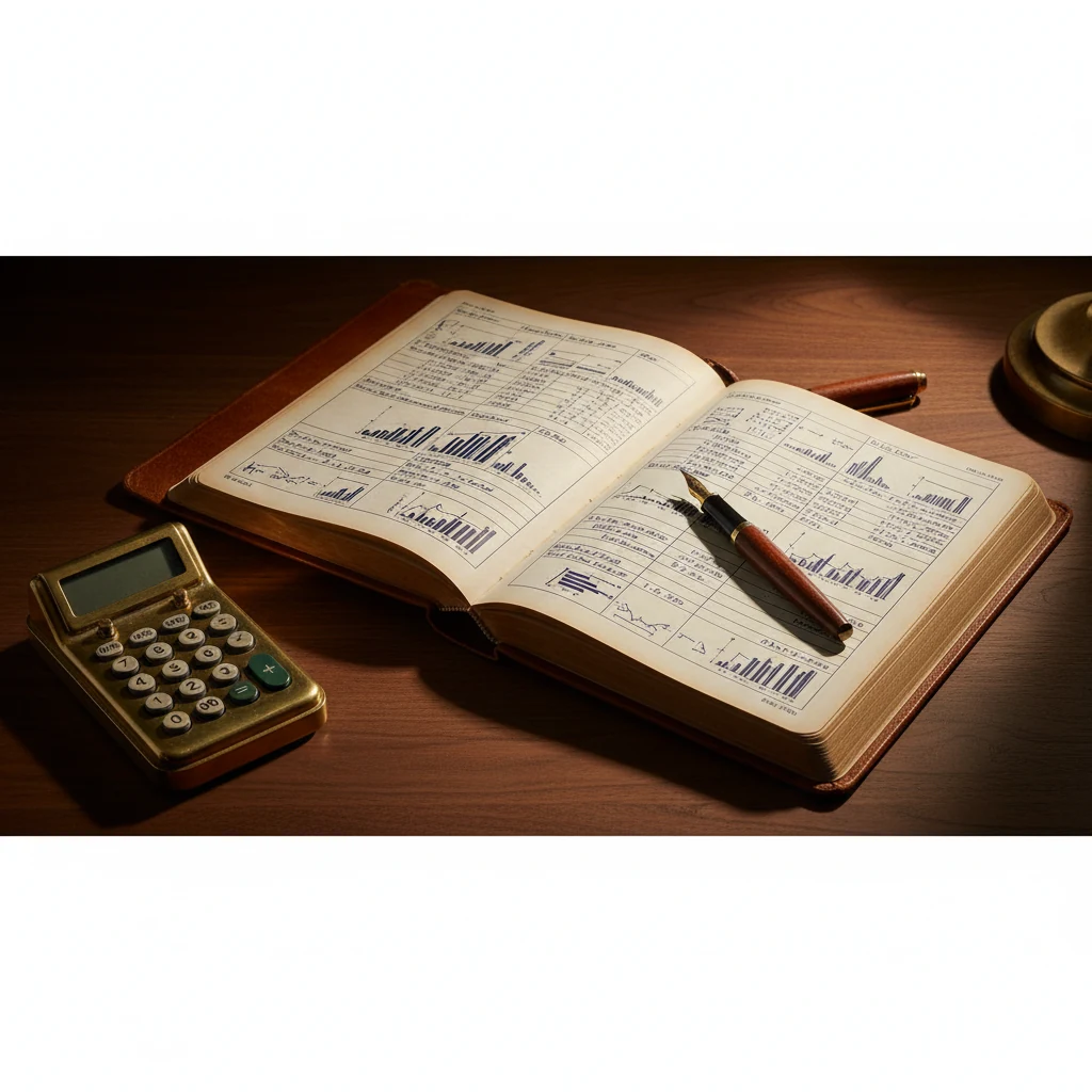 Editorial still life: open ledger book on a polished walnut desk with a brass calculator and fountain pen, soft warm lamp light