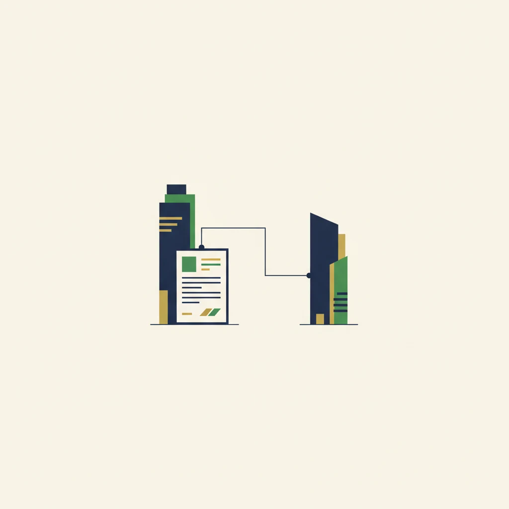 Editorial illustration of a long-term care policy document tethered to one of two corporate towers, showing which company holds a legacy MetLife policy