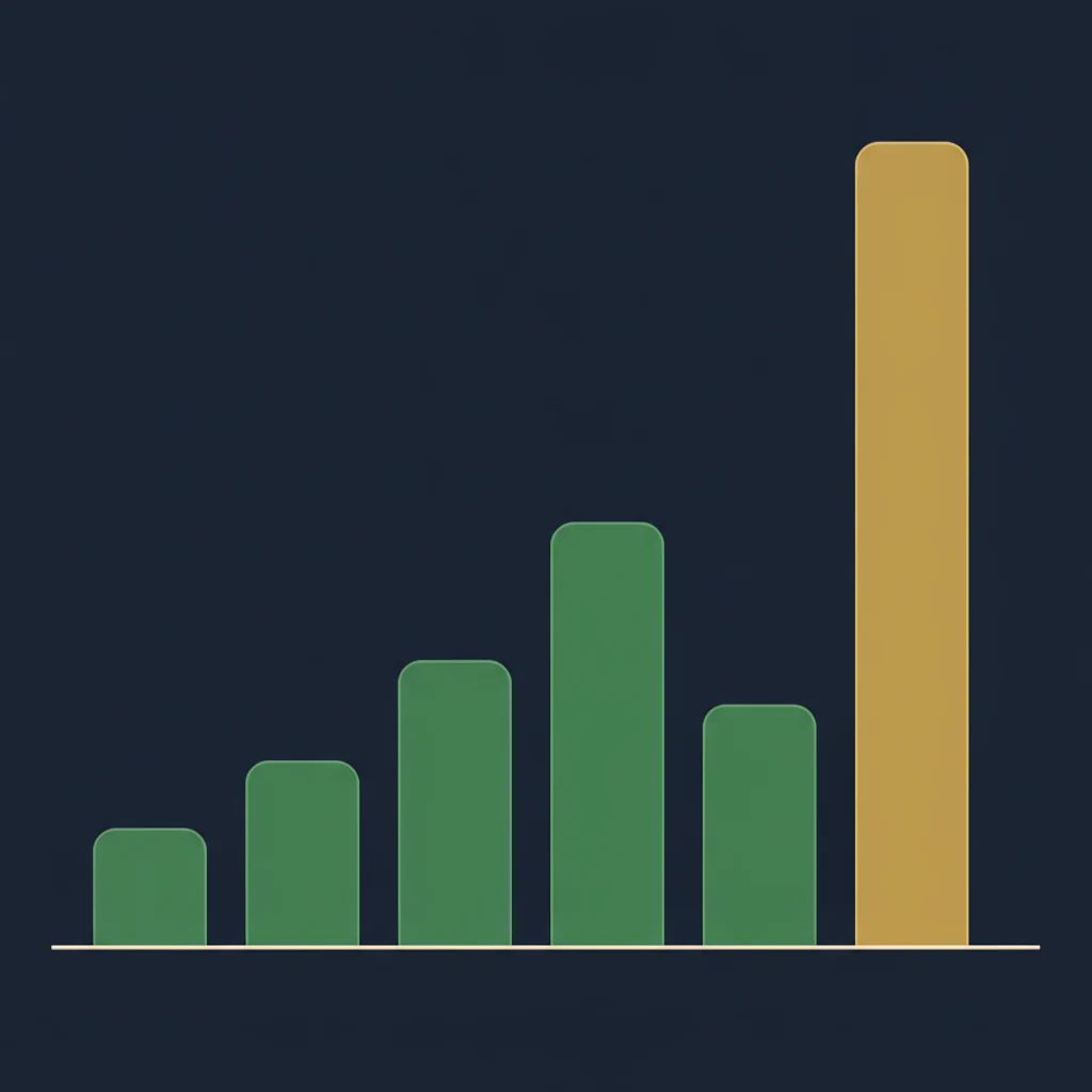 Abstract editorial data visualization: five vertical bars at varying heights on a navy background, one bar in muted gold standing dramatically taller, representing complaint ratio disparity among LTC insurance carriers