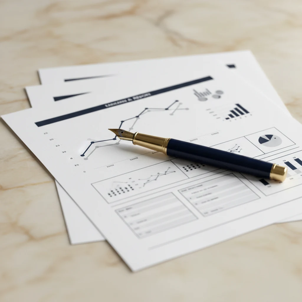 Editorial still life: fountain pen resting on financial documents with abstract navy data visualizations on a warm marble surface